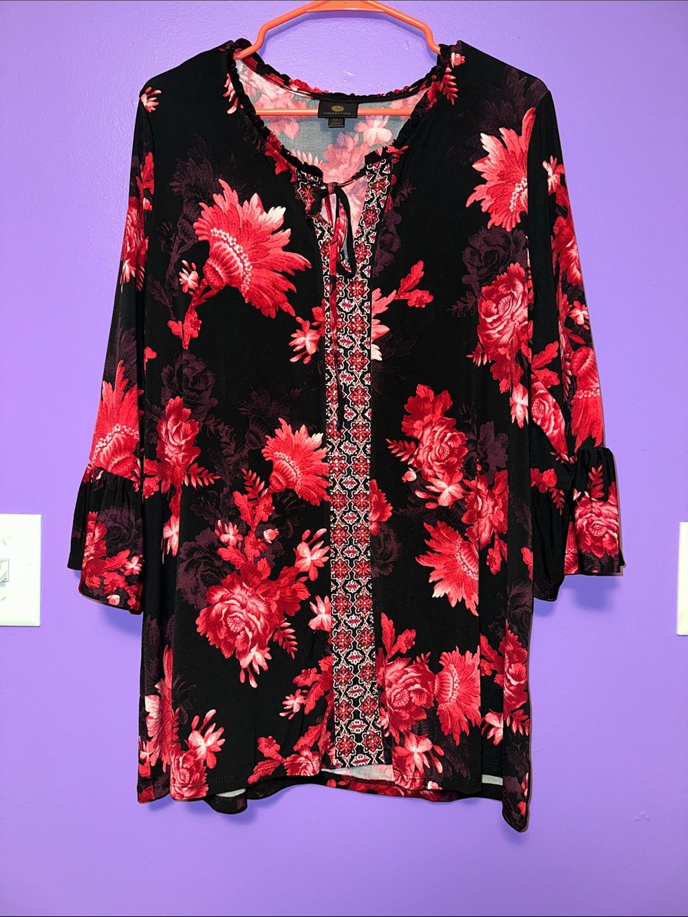 JM Collection Black Tunic with Red Floral and Tassel Tie